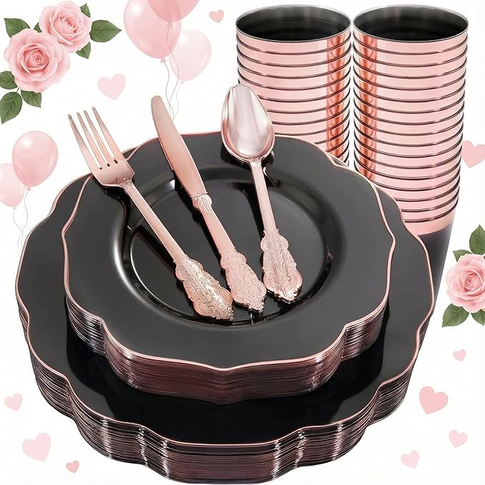 BUCLA 30Guests Clear Black Plastic Plates With Rose Gold Silverware & Cups - Rose Gold Rim Plastic Dinnerware Ideal for Party & Valentines