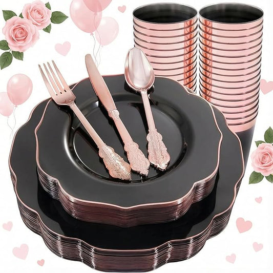 BUCLA 30Guests Clear Black Plastic Plates With Rose Gold Silverware & Cups - Rose Gold Rim Plastic Dinnerware Ideal for Party & Valentines