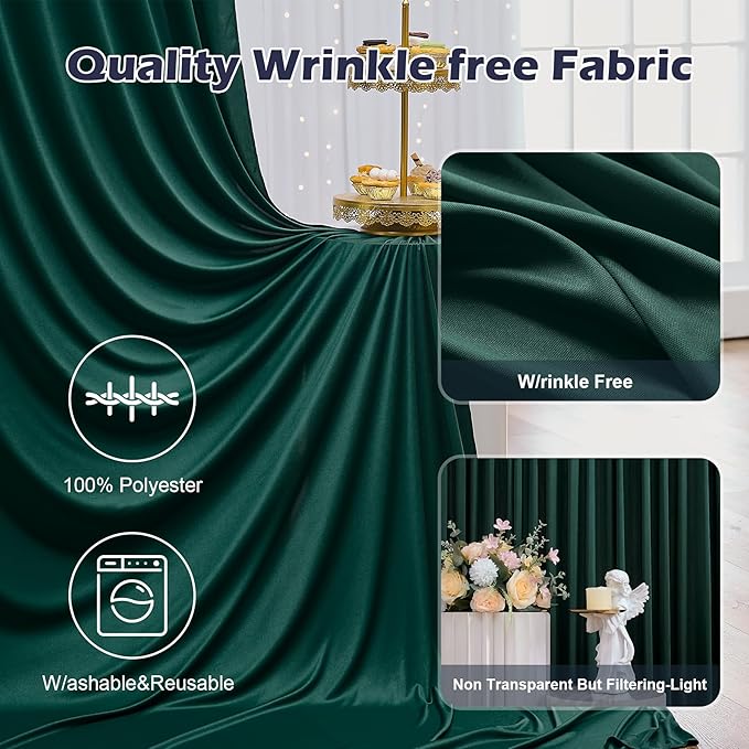 50ft x 10ft Wrinkle Free Hunter Green Backdrop Curtain for Jungle Parties, 10 Panels 5×10ft Soft Silky Green Polyester Photo Backdrop Drapes for Wedding Birthday Photography Christmas Background Cloth