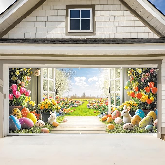 Easter Garden View Garage Door Banner 7x16FT, Spring Flowers, Easter Eggs & Bunnies, Outdoor Decoration for Yard, Garage & Front Door