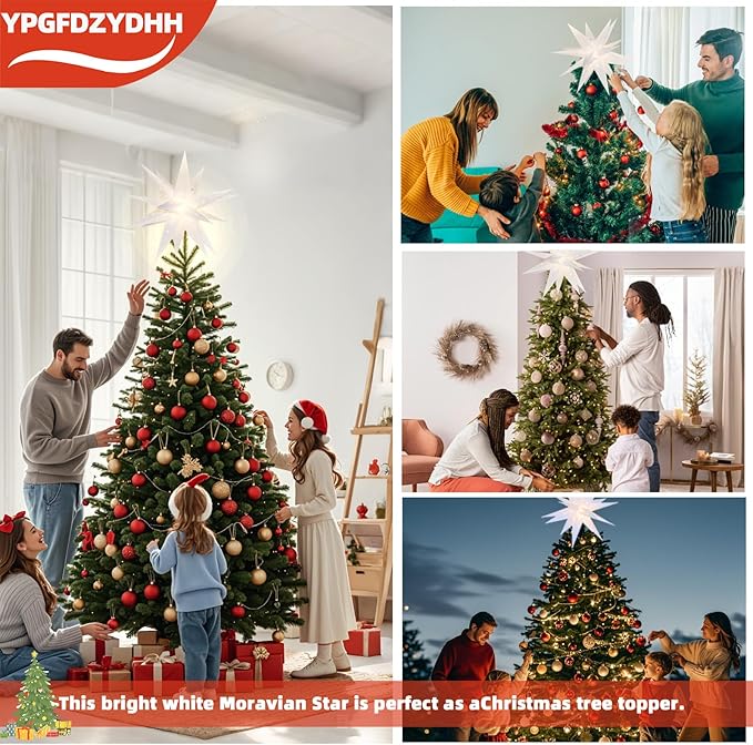 23" Large Moravian Star Outdoor Light, Moravian Star Christmas Tree Topper Lighted Battery Operated, Remote Control Hanging Outdoor/Indoor Tree Topper Light for Courtyard, Porch-White