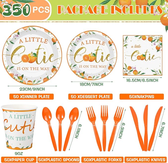 Dandat 350 Pcs Baby Shower Plates Set Baby Shower Party Supplies Serves 50 Tableware Sets Include Plates Napkin Cup Forks Knives Spoons Disposable Dinnerware(Little Cutie,Orange)