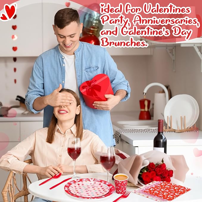 450 Pcs Valentines Tableware Set Decorations, Heart Love Design Paper Plates Napkins Cups Cutlery Straws for Kids Valentine's Day Galentines Day Party Supplies, Serves 50