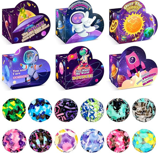 24 Pack Valentines Day Gifts for Kids, 24 Moon Bouncy Balls with Valentines Day Cards for School Class Exchange Goodies Bag Stuffers Classroom Party Favors