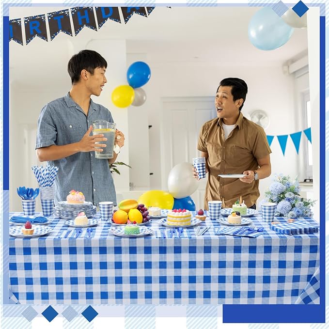 452 Pcs Blue Gingham Party Supplies for 50, Dark Blue and White Gingham Checkered Paper Plates Napkins Cups Tablecloth Cutlery Straws for Birthday Family Picnic Barbecue Party Decoration