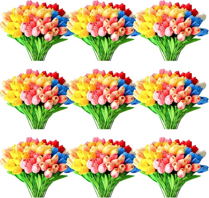 Jexine 100 Pcs Artificial Real Touch Tulips Fake Artificial Tulip Flower Bulk Bouquet with Stem for Table Centerpieces Wedding Bridal Easter Mother's Day Garden Home Decor, 13.4''(Multicolor)