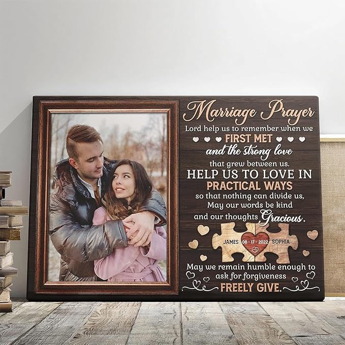 Dem Canvas Personalized Marriage Prayer Canvas Wall Art – Custom Wedding Photo Gift for Couples, Christian Home Decor with Names & Date – Anniversary, Engagement, or Bridal Shower Gift