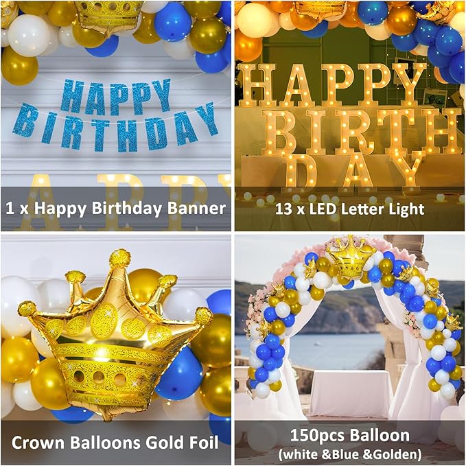 173pcs Happy Birthday LED Marquee Light Up Letters Sign Birthday Decorations with Crown Gold Foil Balloons and Banner for Anniversary Party Night Lamp Banquet Props