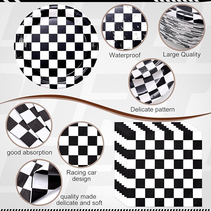 452 Pcs Checkered Flag Party Supplies for 50 Guests, Black and White Checkered Paper Plates Napkins Cups Tablecloth Cutlery Straws for Race Car Birthday Party Decorations