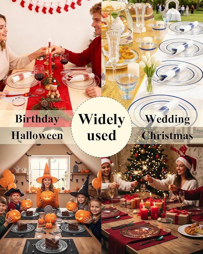 Goodluck 175 Piece Red Plastic Plates, Clear Plastic Silverware Disposable Plates Set, Include 50Plates, 25Pack Pre Rolled Napkins with Silverware, 25Cups for Party, Christmas, Graduation, Wedding