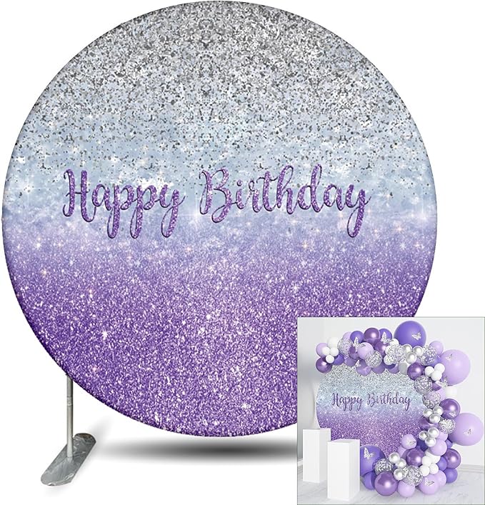 Renaiss Purples Happy Birthday Round Backdrop Cover 7.2 ft Polyester Fabric Shiny Purples and Silver Sequins Circle Photo Background for Gorgeous Happy Birthday Party Decorations