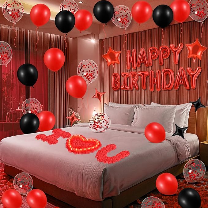 Red Happy Birthday Balloons Decorations Red and Black Birthday Balloon Letters Banner with 6 Pcs Star Balloons Red Artificial Rose Petals 24 Flameless LED Candles for Red Birthday Party Supplies