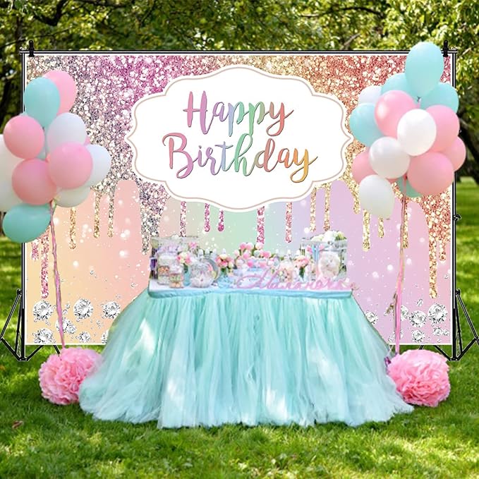 OERJU Rainbow Glitter Birthday Backdrop Colorful Sequin Diamonds Happy Birthday Backdrop for Women Girls Sweet 16 18th 21st 30th Birthday Party Decorations Background Cake Table Banner 15x10ft