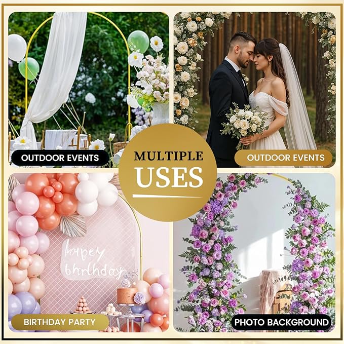 Arch Backdrop Stand – 7.2ft Metal Arch for Backdrop Set with Water Bag Base, Balloon Adhesive, Ribbon, Storage Bag – Strong Stable Gold Arched Frame for Wedding, Baby Shower, Birthday