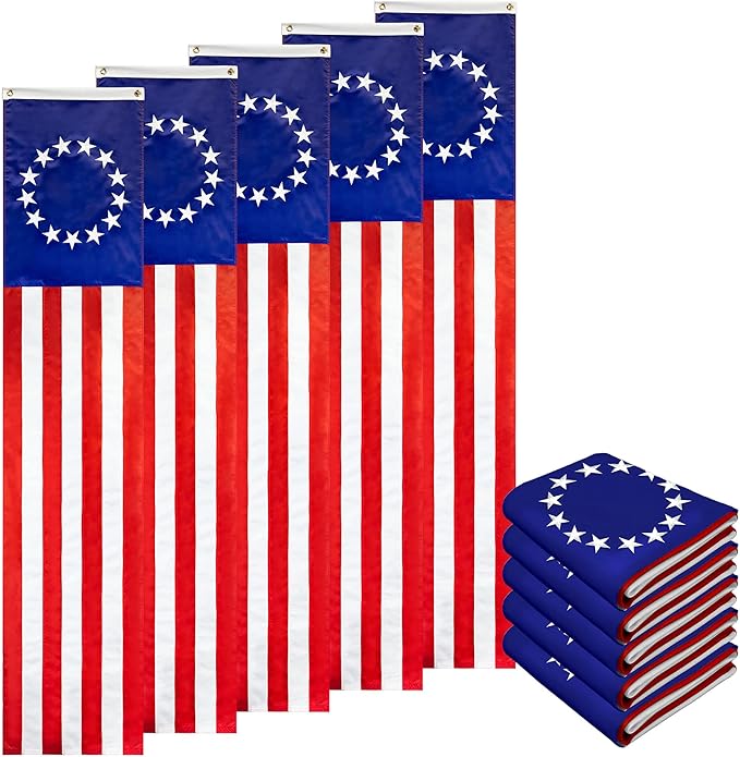 G128 – 5 Pack: Betsy Ross American Patriotic Bunting & Flag Pulldown, 13 Embroidered Stars in Circle Pattern with 5 Fully Sewn Stripes, decorative bunting, 20" x8', Red/White/Blue