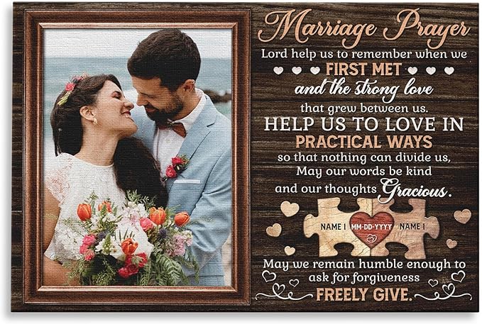 Dem Canvas Personalized Marriage Prayer Canvas Wall Art – Custom Wedding Photo Gift for Couples, Christian Home Decor with Names & Date – Anniversary, Engagement, or Bridal Shower Gift