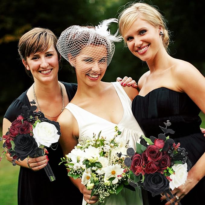 Bridesmaid Bouquets Set of 4 - Gothic Flowers Bouquet for Bridesmaids Halloween Marriage Proposal Party Ceremony Anniversary Dining Table Centerpiece Decor - Black and Red