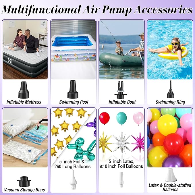 Electric Balloon Pump, 3-in-1 Portable Air Pump for Inflatables and Balloons, Dual Nozzle Balloon Blower Machine for Latex 260q Foil Balloons 110V Inflator Deflator for Pool Floats Air Mattress