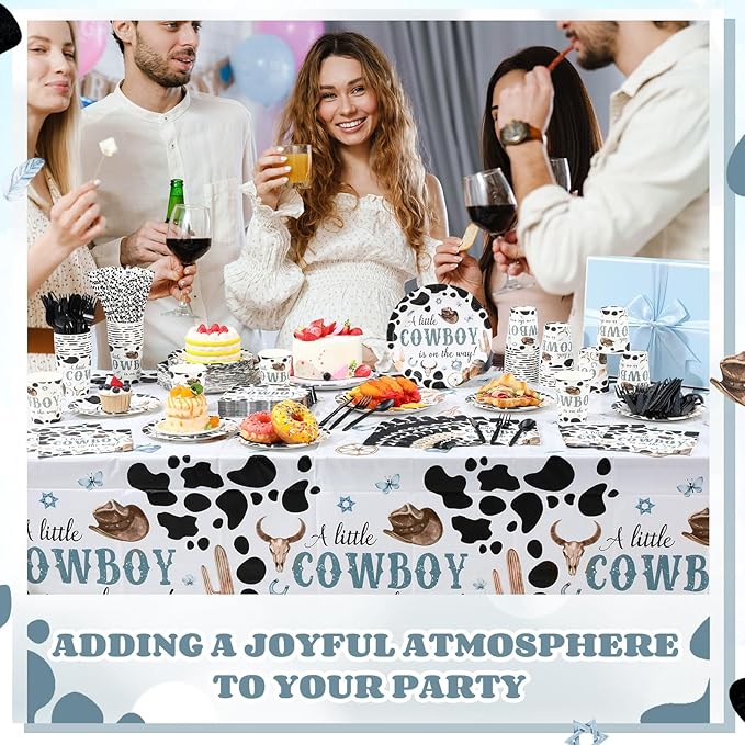 452 Pcs Cowboy Baby Shower Party Decorations Include a Little Cowboy Is on the Way Paper Plates Napkins Cups Tablecloth Cutlery Straws for girl Girl Baby Shower Party Supplies