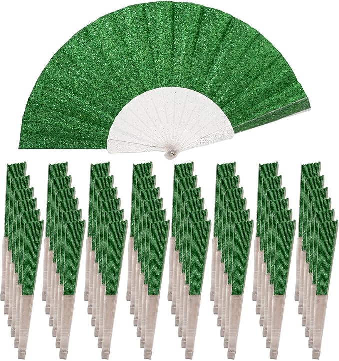 48 Pack Handheld Fan,Folding Hand Glitter fan with Shining Transparent Fan Rib – Ideal for Wedding, Church, Festival, Dance, Tea Party, Club, and EDM Accessories, Light green