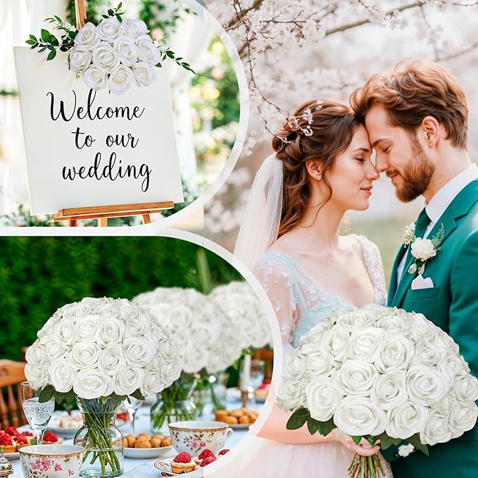 50 Pcs Fake White Roses Artificial Flowers Bulk, Faux Velvet Silk Rose Bouquet with Long Stems Real Look for Wedding Party Centerpieces Vases Decor