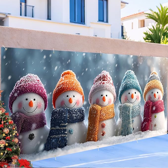 Christmas Garage Door Banner 7x16FT, Colorful Snowmen Family with Winter Scarves, Large Outdoor Xmas Garage Door Cover, Decoration for Driveways, Holiday Parties and Winter Festivities