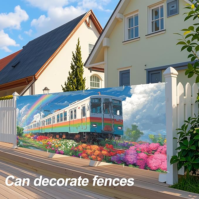 Train in the Spring Flowers Garage Door Banner 7x16FT, Colorful Train & Rainbow Outdoor Decoration for Garage Doors, Front Yard, and Seasonal Parties