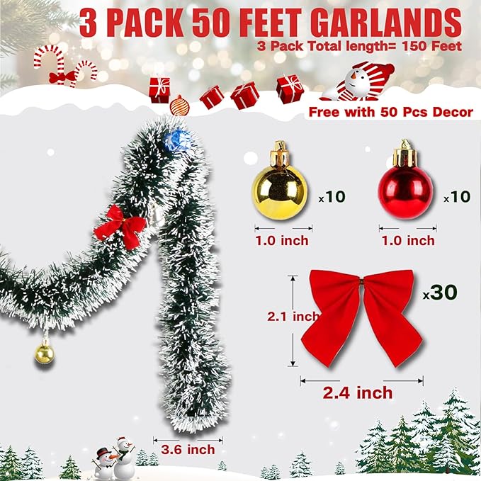 3 Pack 150Ft Greenery Garland with Snow, for DIY Christmas Tree Crafting-Green Snowy Pine Streamers for Outdoor & Indoor Christmas Decorations Artificial Twist Garland for Indoor/Outdoor