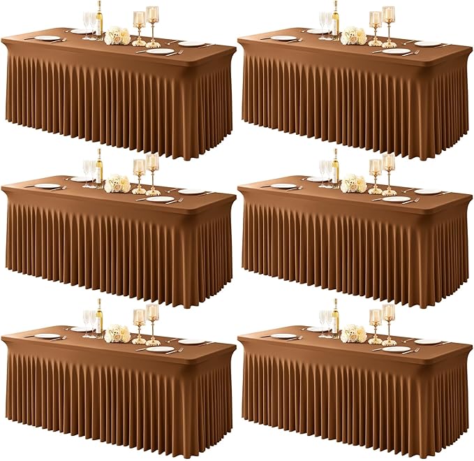 6 Packs Brown Table Clothes for 6 Foot Rectangle Tables, One-Piece Wrinkle Resistant Stretch Spandex Table Covers with Skirt for Event Banquet Wedding Birthday Party