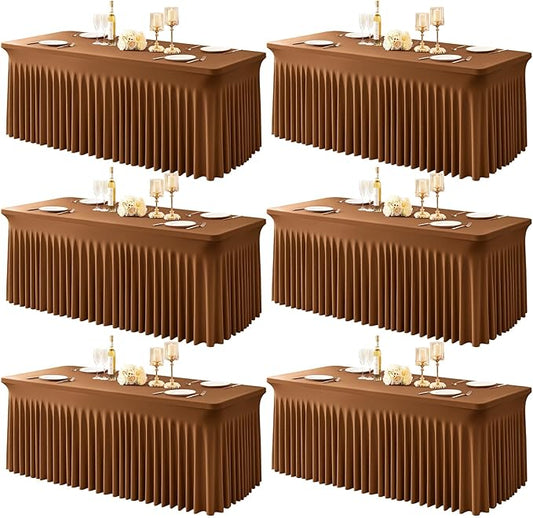 6 Packs Brown Table Clothes for 6 Foot Rectangle Tables, One-Piece Wrinkle Resistant Stretch Spandex Table Covers with Skirt for Event Banquet Wedding Birthday Party