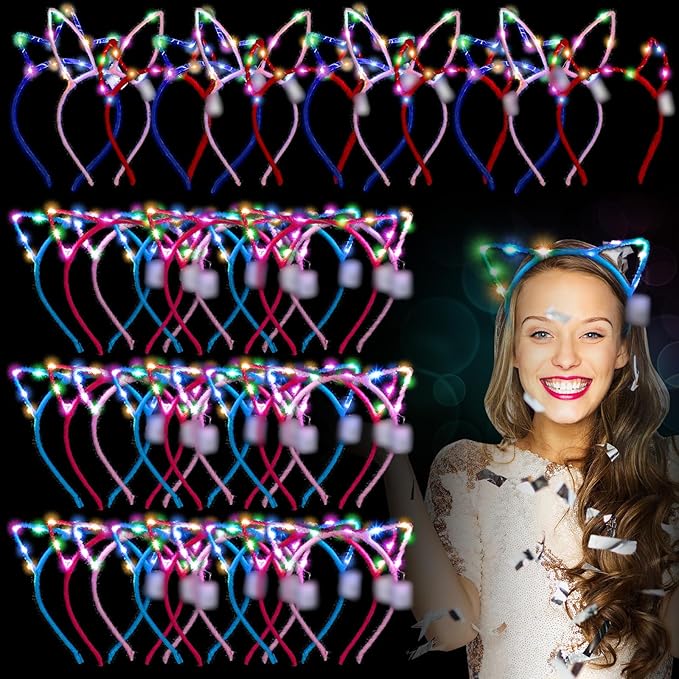 Xinnun 64 Pieces Light up Cat Ears Headband Bunny LED Glow in Dark Cat Animals Ears Hairband Valentine's Day Mardi Gras Carnival Supplies for Adult Birthday Rave Favor