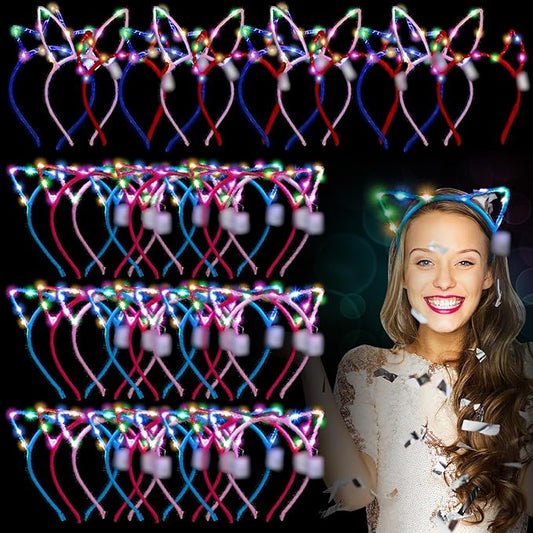 Xinnun 64 Pieces Light up Cat Ears Headband Bunny LED Glow in Dark Cat Animals Ears Hairband Valentine's Day Mardi Gras Carnival Supplies for Adult Birthday Rave Favor