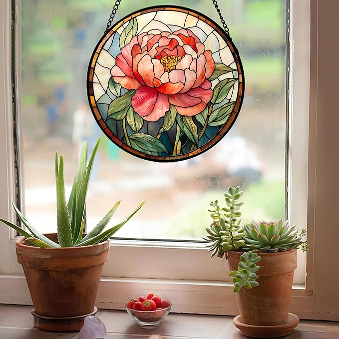 Stained Glass Window Hanging - Pink Peony Floral Suncatcher for Door Garden Yard Birth Flower Sun Catchers Decor Christmas Mother's Day Birthday Gifts for Women Mom Nana Wife Teacher 11.8 in