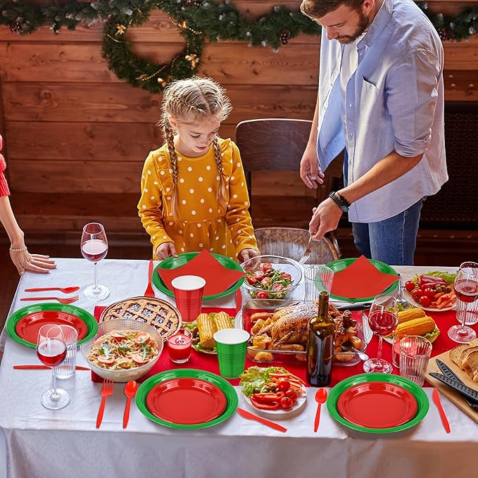 Aodaer 400 Pieces Christmas Party Supplies Red Green Plastic Dinnerware Include Plates Cups Knives Forks Spoons Paper Napkins for Christmas Birthday Wedding Parties, Serve 50 Guests
