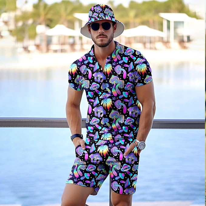 Men's 2 Piece Tracksuit 80s 90s Outfit Button Down 80s Shirts and Shorts Sets with Bucket Hats
