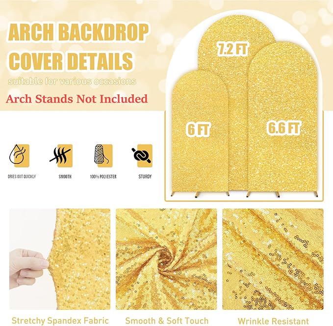 FUHSY Gold Arch Cover 7.2FT, 6.6FT, 6FT Sequin Wedding Arch Covers Stretchy Backdrop Set of 3 Glitter Spandex Arch Stand Cover Chiara Backdrop Covers for Birthday Party Baby Shower Ceremony Decor