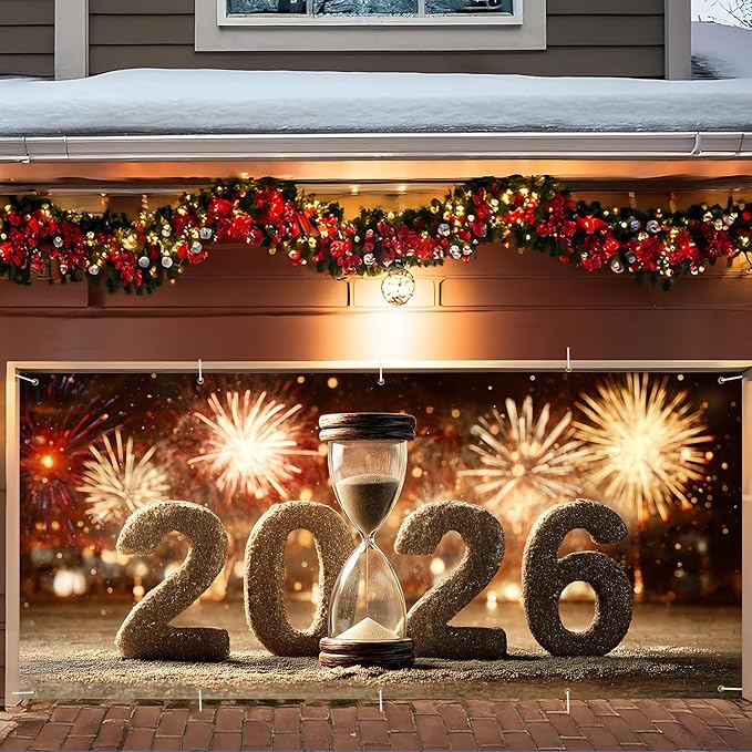 Happy New Year 2026 Garage Door Banner 7x16FT, Hourglass Countdown 2026 Garage Door Cover, Large Outdoor New Year Decoration Backdrop for Garage Doors, Fence, Yard, Party Photo Booth