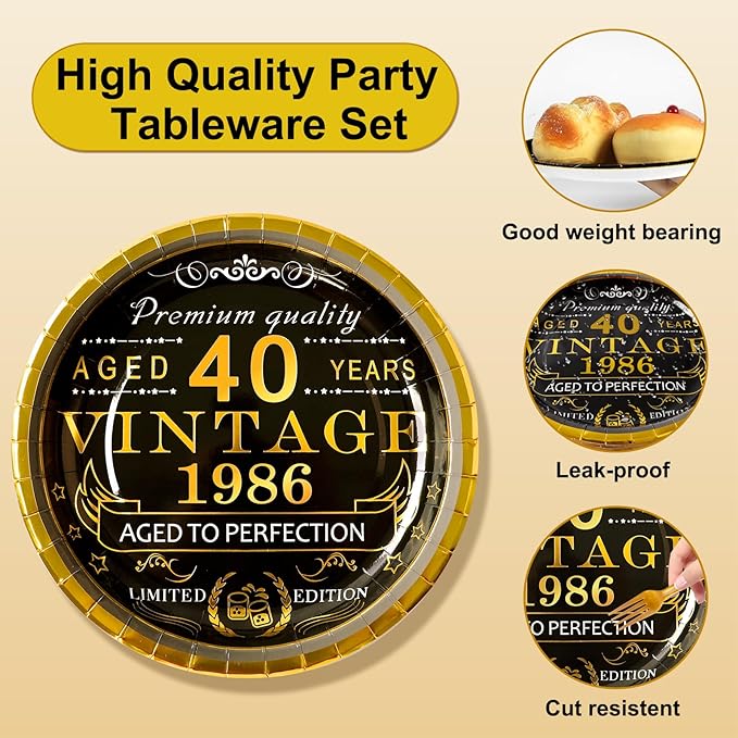 40th Birthday Decorations for Men Women, 106 PCS Back in 1986 Decorations, Vintage 40th Birthday Party Tableware Set for men,Backdrops,Card, Banner, Paper Poms,Hanging Swirl, Tableware for 24 Guests