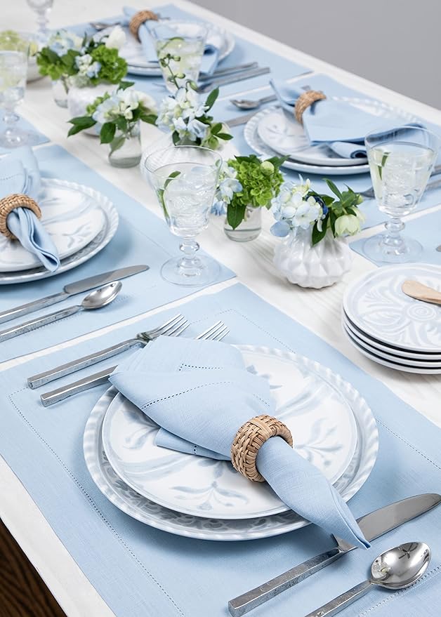 Solino Home Linen Placemats Set of 4 - Classic Hemstitch Sky Blue Placemats 14 x 19 Inch - 100% Pure Linen Table Mats for Spring, Easter