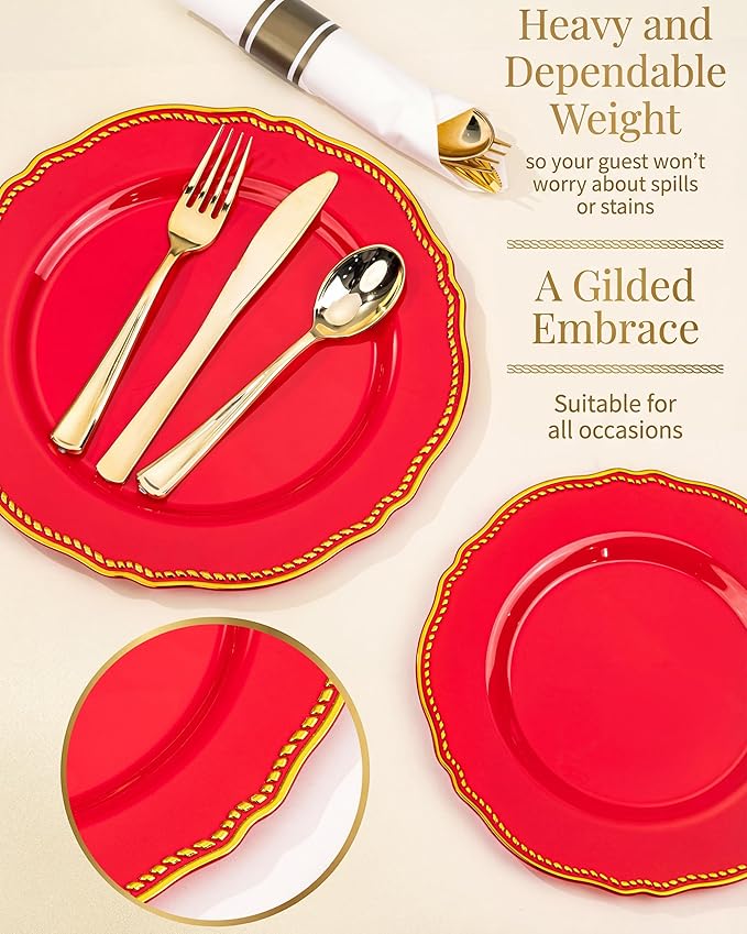 Hioasis 175pcs Red Gold Plastic Plates - Red Plastic Dinnerware Set Includes 25 Dinner Plates, 25 Dessert Dinnerware, 25 Cups, 25 Pre-rolled Napkins Perfect for Wedding & Party