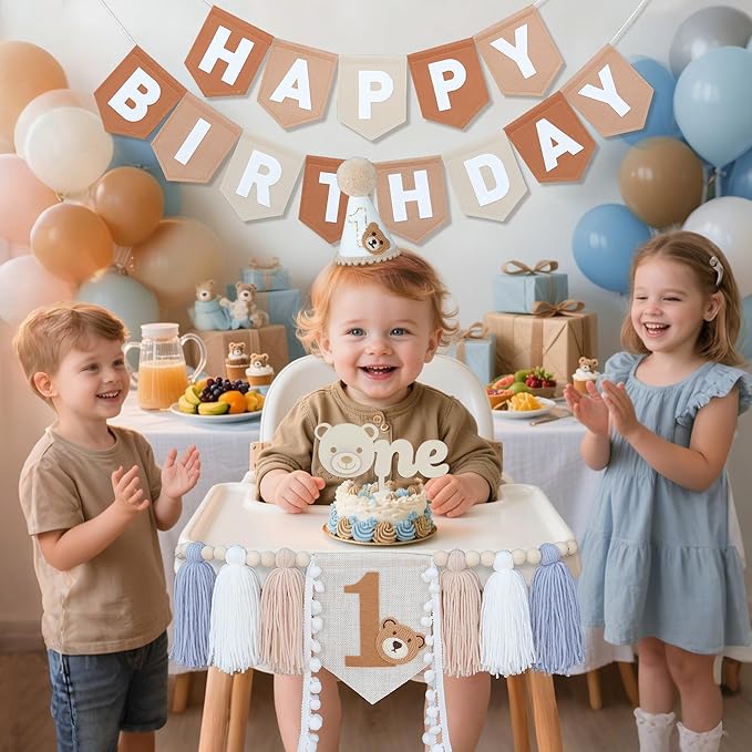 Bear First Brown Felt Happy Birthday High Chair Banner Pre-strung Birthday Hanging Decoration With Birthday Hat One Cake Topper For 1st Birthday Party Decor
