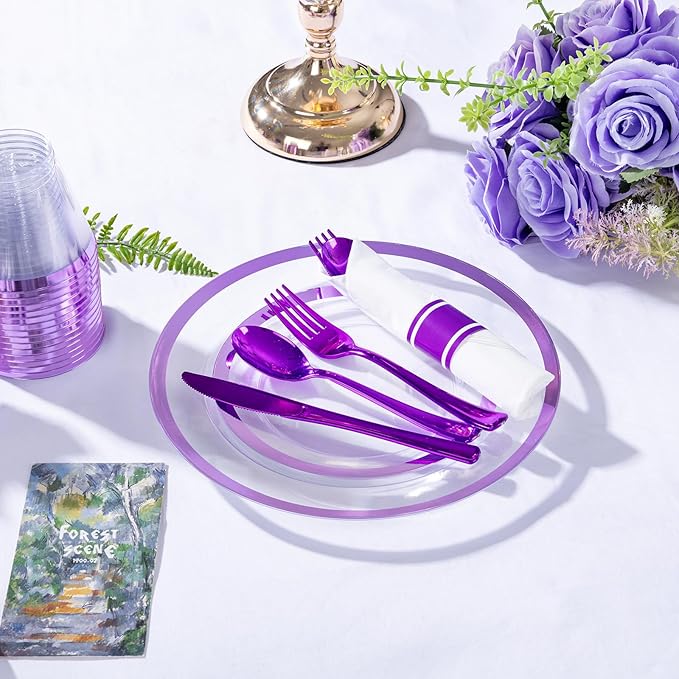 I00000 350 Pcs Clear Purple Plates for 50 Guests, Purple Dinnerware Include 100 Plates, 50 Cups, 50 Pre Rolled Napkins with Cutlery Set for Party and Wedding