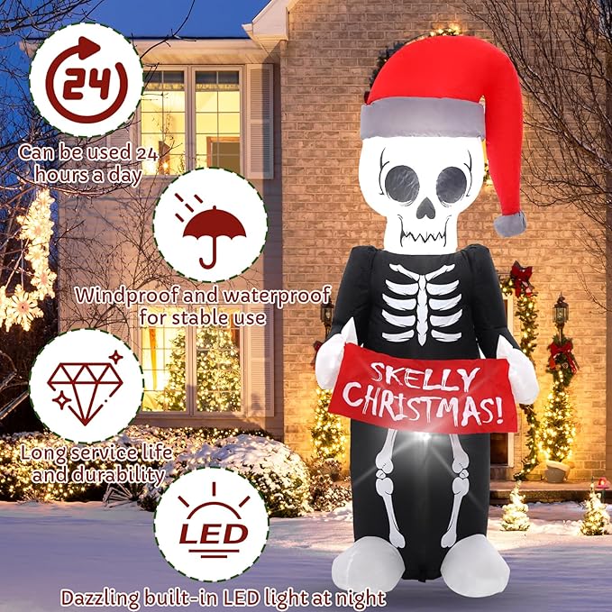 5 FT Christmas Hat Skeleton, Outdoor Inflatable Decorations with Built-in LED Lights for Gothic Style Holiday Inflatable White Christmas for lawns, Gardens, and Outdoor use