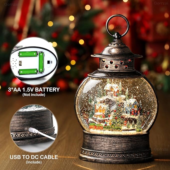 Village Snow Globe 12 Inch Christmas Snow Globe Lantern, Lighted Christmas Decorations Indoor with Music Timer Glitter, Navidad Musical Train Snowglobe Home Decor, USB or Battery Operated