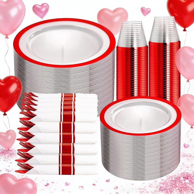 I00000 350 Pcs Red Dinnerware Set for 50 Guests | 50 Dinner and 50 Dessert Plates,50 Cups, 50 Napkins, 50 Forks, 50 Spoons, 50 Knives for Wedding & Valentine's Day