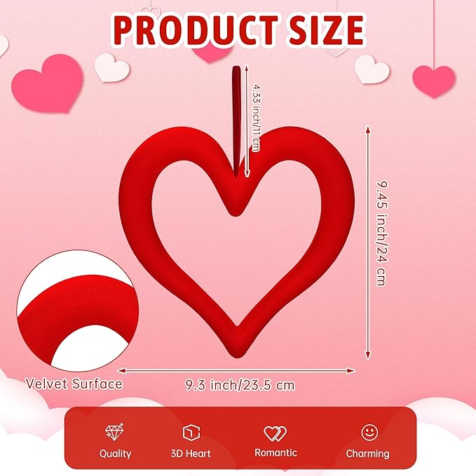 Aneco 6 Pieces Valentine‘s Day 3D Velvet Heart Hanging Ornament 9.45 Inch Foam Heart Wreaths for Valentine‘s Day Wedding Anniversary Front Door Home Decor, Red