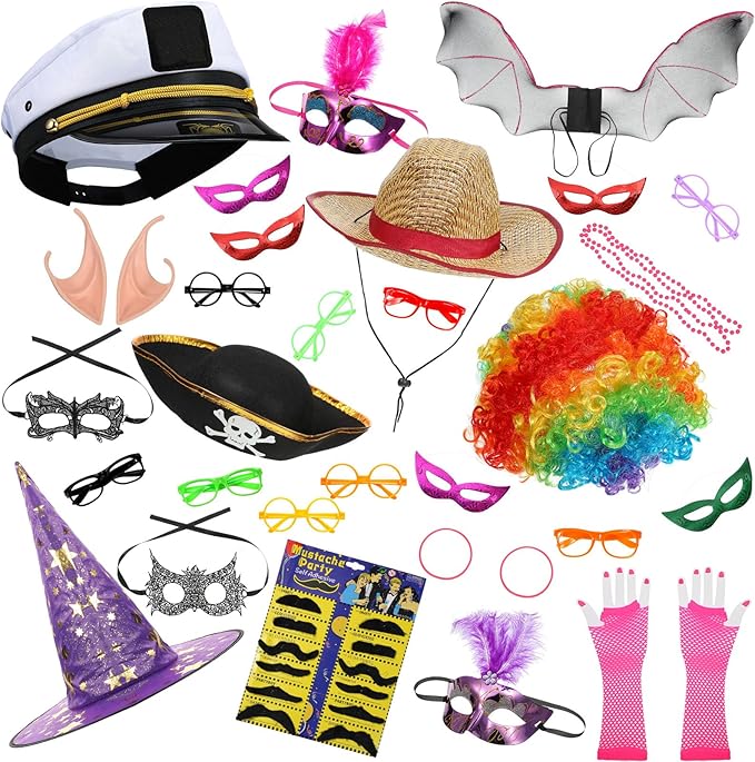 Landhoow 33 Pcs Funny Photo Booth Party Assorted Photo Booth Kit Props Costume Accessories Set, Captain Hat Funny Glasses for Wedding Props Birthday Parties Family Photos Booths Carnival Party