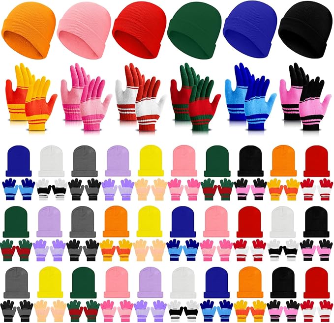 Xtinmee 100 Pcs Kids Winter Beanie and Gloves Bulk Warm Knit Hat Stretchy Full Fingers Gloves Pack Unisex Cold Weather Set