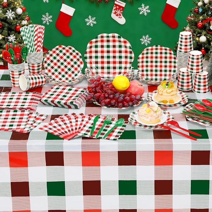 452 Pcs Red and Green Christmas Buffalo Plaid Party Supplies for 50, Scalloped Christmas Gingham Plaid Paper Plates Napkins Cups Tablecloth Cutlery Straws for Rustic Holiday Party Decoration