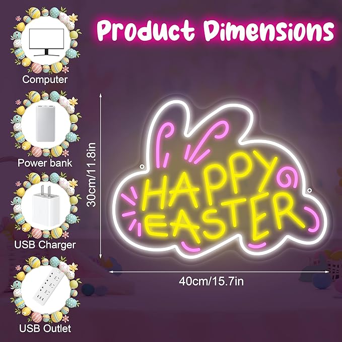 Happy Easter Neon Signs for Wall Decor, Bunny Light Up Sign, Happy Easter Home Wall Decoration for Bedroom, Bar, Kid Room Party Gifts